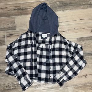 Cropped womens flannel top with hood.